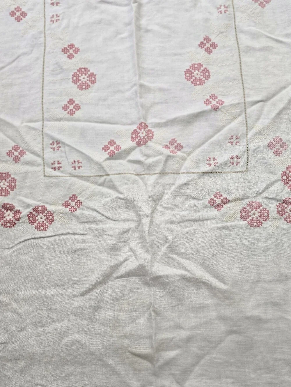 Vintage Linen Tablecloth Red Pink Cross Stitch Embroidery 72x55 Cottagecore